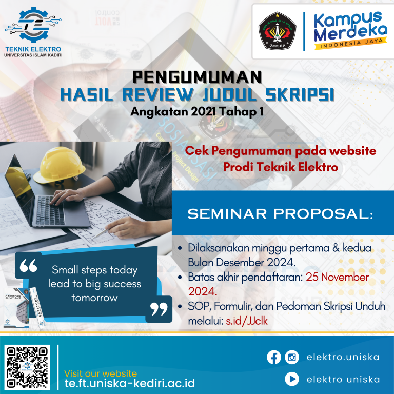 Pengumuman Hasil Review Judul Skripsi Mahasiswa Teknik Elektro UNISKA Kediri Angkatan 2021 (Tahap 1)